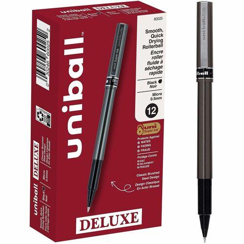 Deluxe Roller Ball Pen, Stick, Micro 0.5 mm, Black Ink, Metallic Gray Barrel, Dozen