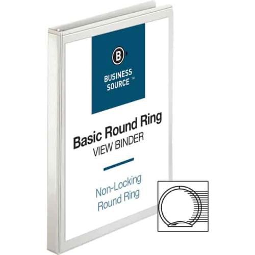 Business Source Round-ring View Binder - 1/2" Binder Capacity - Letter - 8 1/2" x 11" Sheet Size - 125 Sheet Capacity - Fastener: Round Ring - Pocket: 2, Internal - Polypropylene - White - Wrinkle-free, Gap-free Ring, Clear Overlay, Non Locking Mechanism,