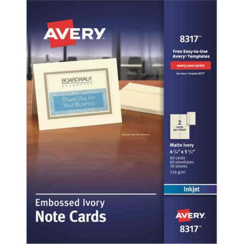 Embossed Note Cards, Inkjet, 4 1/4 x 5 1/2, Matte Ivory, 60/Pk w/Envelopes