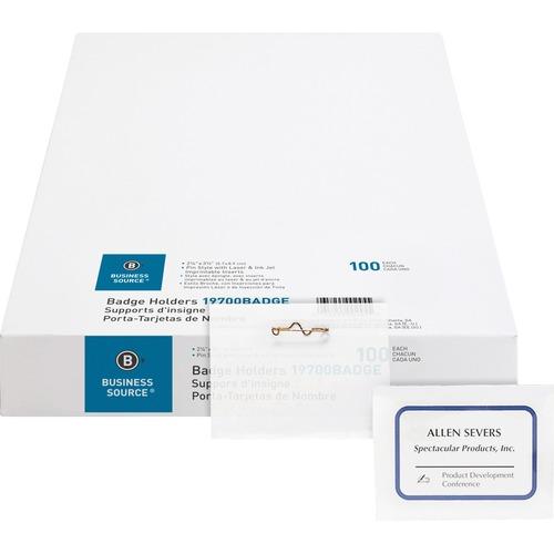 Business Source Pin Style Holder Name Badge,  Box of 100 - Clear