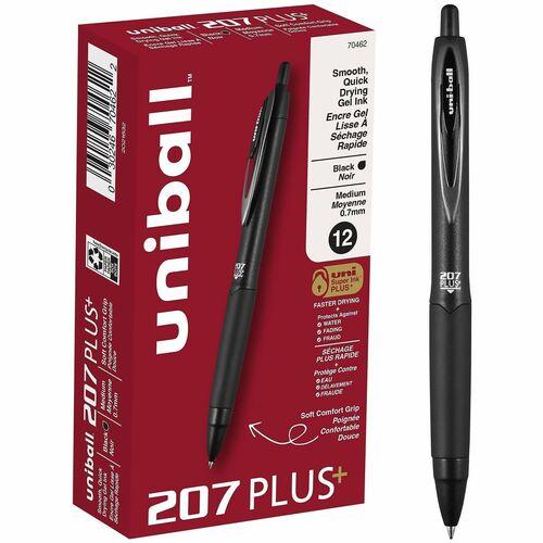 uniball™ 207 Plus+ Gel Pen - Retractable - Black Ink - Gel-based, Nanofiber Ink - Black Metal Barrel - 1 Dozen