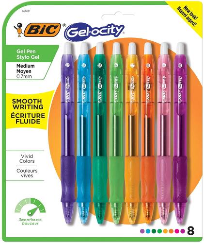 BiC Gelocity Fashion Retractable Gel Pen, Medium Point (0.7mm), Assorted, 8pk