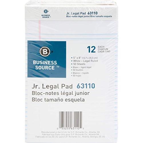 Business Source Note Pad Legal Jr. Size White 5x8 Pads, - 50 Sheets.