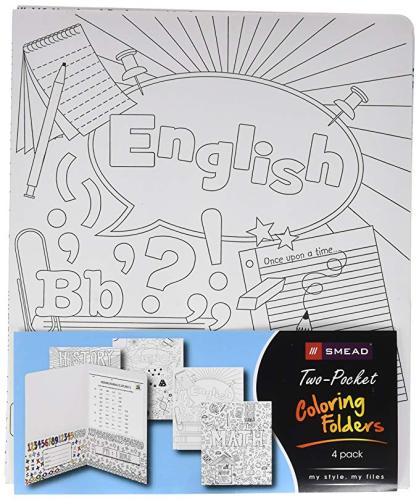 Two-Pocket Coloring Folder, School Subject Designs, Letter Size, 4/Pack