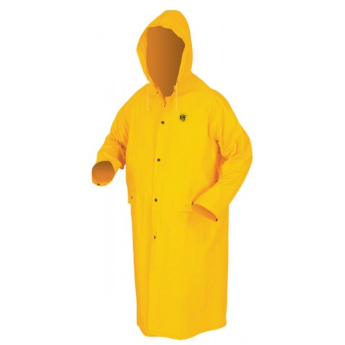 YELLOW 49'' RAINCOAT WITH DETACHABLE HOOD,.35MM PVC ON POLYESTER, LIMITED FLAMMABILITY - LARGE