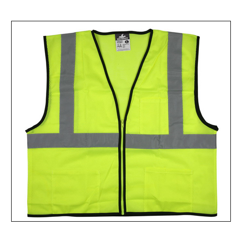 VCL2MLZ - Safety Vest, Economy Class 2 Mesh, 2" Silver Reflective, Zipper Front, 3 Pockets, Lime
