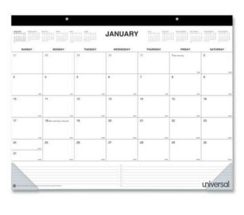 Universal Calendar - Large - Monthly - 12 Month - January 2026 to December 2026 - 1 Month Single Page Layout - Black/White Sheet - 2 x Holes - Stapled - Desk Pad - Black, Clear, Natural - Chipboard, Poly - Eyelet, Hole-punched, To-do List, Reference Calen