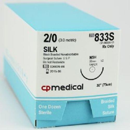 CP MEDICAL NATURAL SILK NON-ABSORBABLE SUTURE 2;0 Silk Black 30" SH