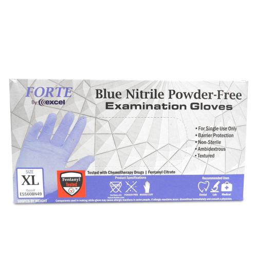 Excel Forte Blue Nitrile Exam Gloves - XLARGE