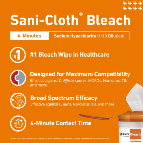 Sani-Cloth Bleach Germicidal Disposable Wipes, 1-Ply, 6 x 5, Unscented, White, 160/Canister, 12 Canisters/Carton
