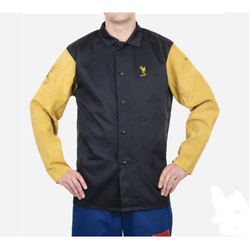 Navy Blue w/Tan COOL FR 30" Flame Retardant Cotton Jacket w/ Leather Sleeves XLarge