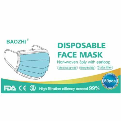 Non-woven Blue Disposable 3 Ply Face Masks 50/Pack