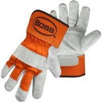 Regular Grade Double-Split Cowhide Leather Palm Glove with Fabric Back - Rubberized Safety Cuff, Orange, 2XL