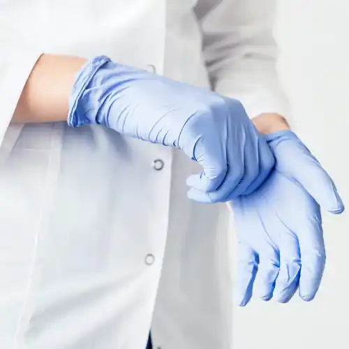 How do you know if your gloves are counterfeit Professional putting on blue nitrile gloves