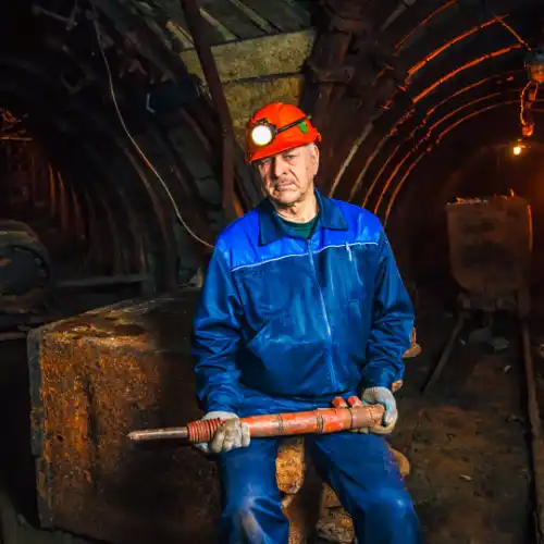 Miner working in a confined space wearing hard hat Miner working in a confined space wearing hard hat
