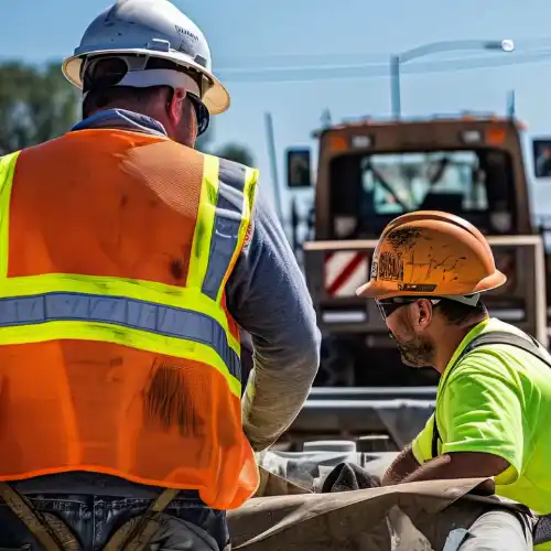 Highway workers wearingg high visibility clothing and hard hats