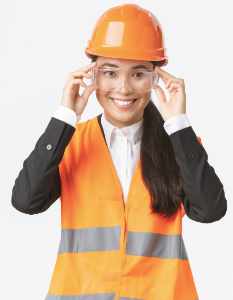 Woman Wearing Hard Hat And High Vis Vest Donning Safety Glasses