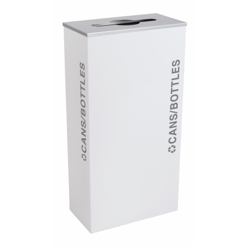 Black Tie series KD 17 gal recycling receptacle, comingle opening, silver CANS/BOTTLES decals, platinum lid, white gloss body