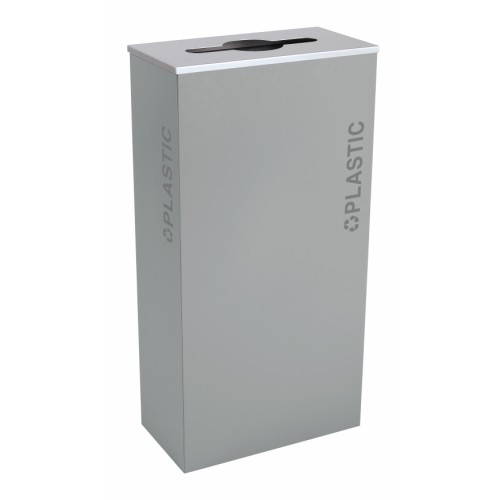 Black Tie series KD 17 gal recycling receptacle, comingle opening, silver PAPER decals, platinum lid, hammered grey body