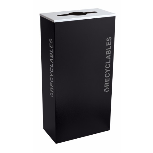 Black Tie series KD 17 gal recycling receptacle, comingle opening, silver RECYCLABLES decals, platinum lid, pebble black body