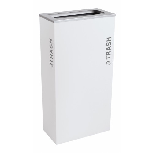 Black Tie series KD 17 gal recycling receptacle, rectangle opening, silver TRASH decals, platinum lid, white gloss body