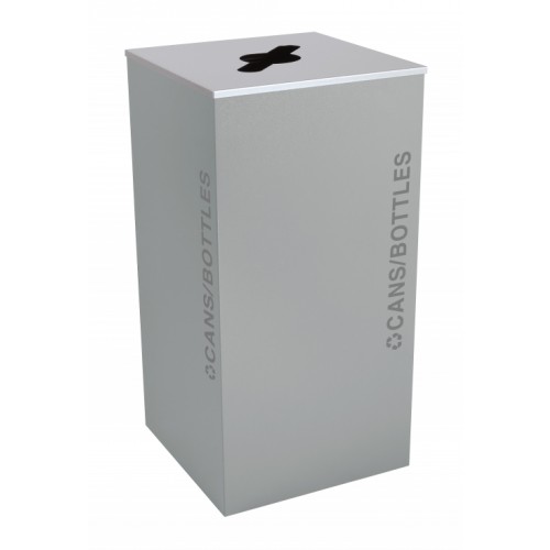 Black Tie series KD 36 gal recycling receptacle, comingle opening, silver CANS/BOTTLES decals, platinum lid, hammered grey body