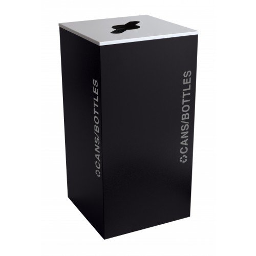 Black Tie series KD 36 gal recycling receptacle, comingle opening, silver CANS/BOTTLES decals, platinum lid, pebble black body