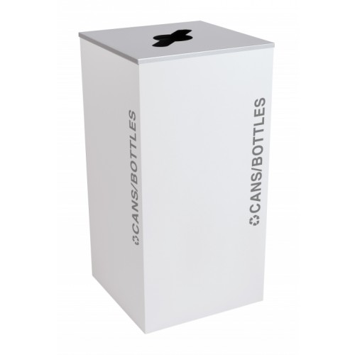 Black Tie series KD 36 gal recycling receptacle, comingle opening, silver CANS/BOTTLES decals, platinum lid, white gloss body