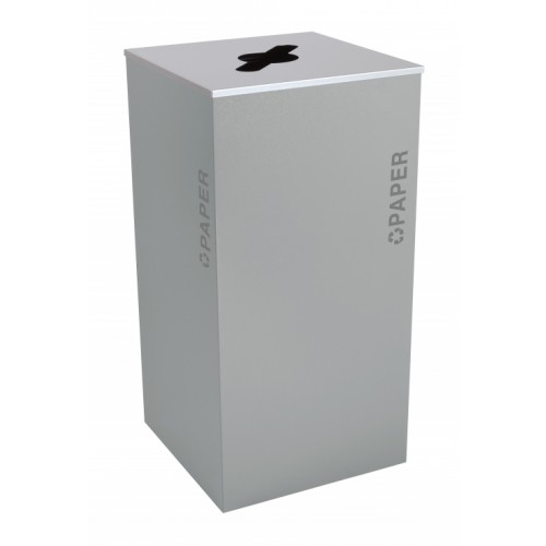 Black Tie series KD 36 gal recycling receptacle, comingle opening, silver PAPER decals, platinum lid, hammered grey body