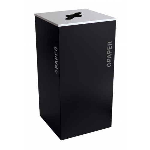 Black Tie series KD 36 gal recycling receptacle, comingle opening, silver PAPER decals, platinum lid, pebble black body
