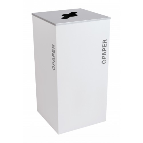 Black Tie series KD 36 gal recycling receptacle, comingle opening, silver PAPER decals, platinum lid, white gloss body
