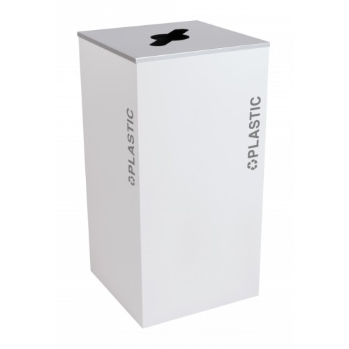 Black Tie series KD 36 gal recycling receptacle, comingle opening, silver PLASTIC decals, platinum lid, white gloss body