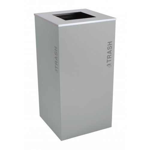 Black Tie series KD 36 gal recycling receptacle, square opening, silver TRASH decals, platinum lid, hammered grey body