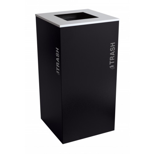 Black Tie series KD 36 gal recycling receptacle, square opening, silver TRASH decals, platinum lid, pebble black body