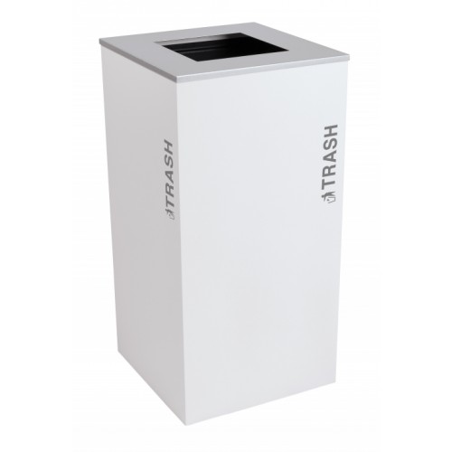 Black Tie series KD 36 gal recycling receptacle, square opening, silver TRASH decals, platinum lid, white gloss body