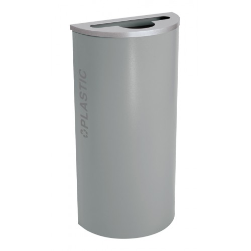 Black Tie series KD 8 gal recycling receptacle, comingle opening, silver PLASTIC decals, platinum lid, hammered grey body