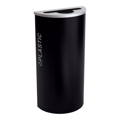 Black Tie series KD 8 gal recycling receptacle, comingle opening, silver PLASTIC decals, platinum lid, pebble black body