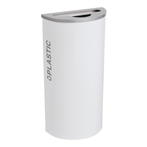 Black Tie series KD 8 gal recycling receptacle, comingle opening, silver PAPER decals, platinum lid, white gloss body