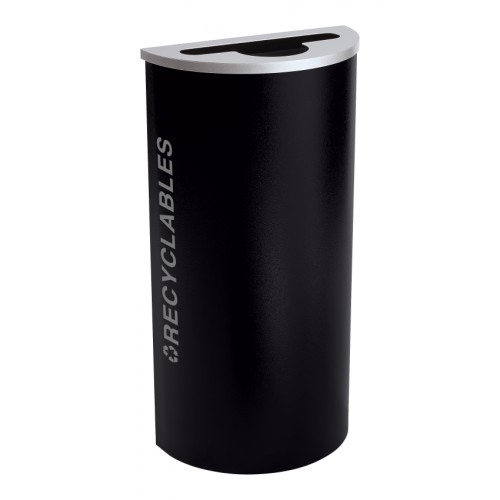 Black Tie series KD 8 gal recycling receptacle, comingle opening, silver RECYCLABLES decals, platinum lid, pebble black body