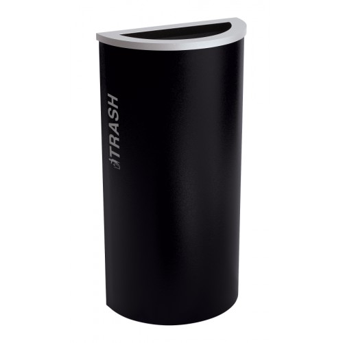 Black Tie series KD 8 gal recycling receptacle, full opening, silver TRASH decals, platinum lid, pebble black body