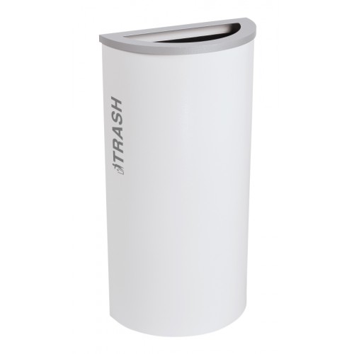 Black Tie series KD 8 gal recycling receptacle, full opening, silver TRASH decals, platinum lid, white gloss body
