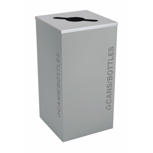 Black Tie series KD 24 gal recycling receptacle, comingle opening, silver CANS/BOTTLES decals, platinum lid, hammered grey body