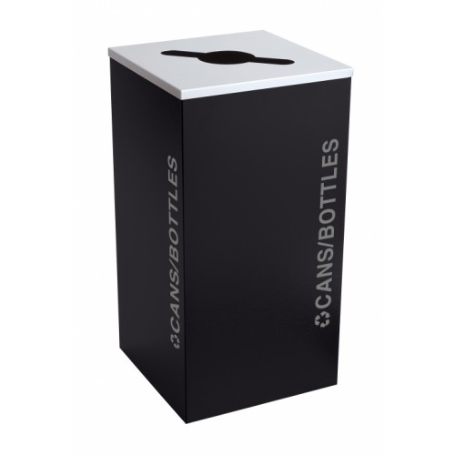 Black Tie series KD 24 gal recycling receptacle, comingle opening, silver CANS/BOTTLES decals, platinum lid, pebble black body