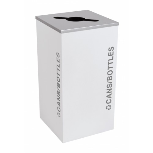 Black Tie series KD 24 gal recycling receptacle, comingle opening, silver CANS/BOTTLES decals, platinum lid, white gloss body