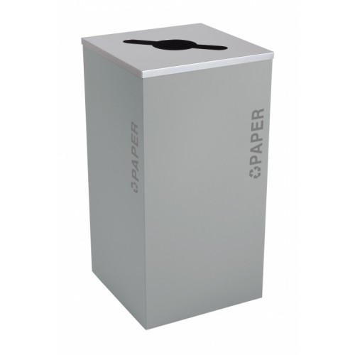 Black Tie series KD 24 gal recycling receptacle, comingle opening, silver PAPER decals, platinum lid, hammered grey body