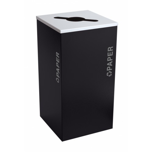 Black Tie series KD 24 gal recycling receptacle, comingle opening, silver PAPER decals, platinum lid, pebble black body