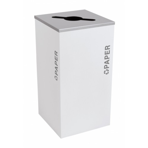 Black Tie series KD 24 gal recycling receptacle, comingle opening, silver PAPER decals, platinum lid, white gloss body
