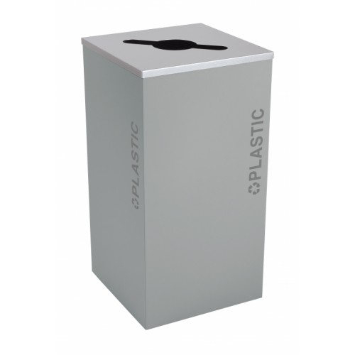 Black Tie series KD 24 gal recycling receptacle, comingle opening, silver PLASTIC decals, platinum lid, hammered grey body