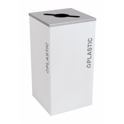 Black Tie series KD 24 gal recycling receptacle, comingle opening, silver PLASTIC decals, platinum lid, white gloss body
