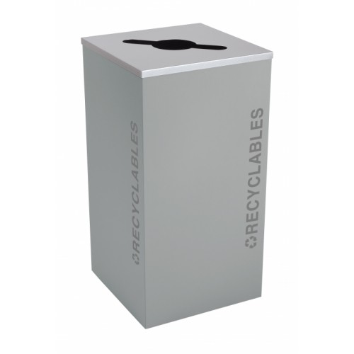 Black Tie series KD 24 gal recycling receptacle, comingle opening, silver RECYCLABLES decals, platinum lid, hammered grey body